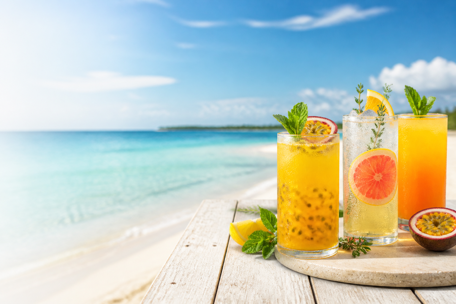 Fresh juices and colorful mocktails on a sunny beach