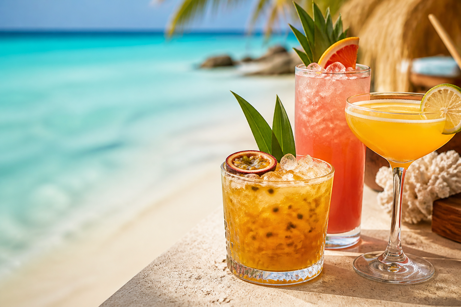 Colorful tropical cocktails beside a bright island beach