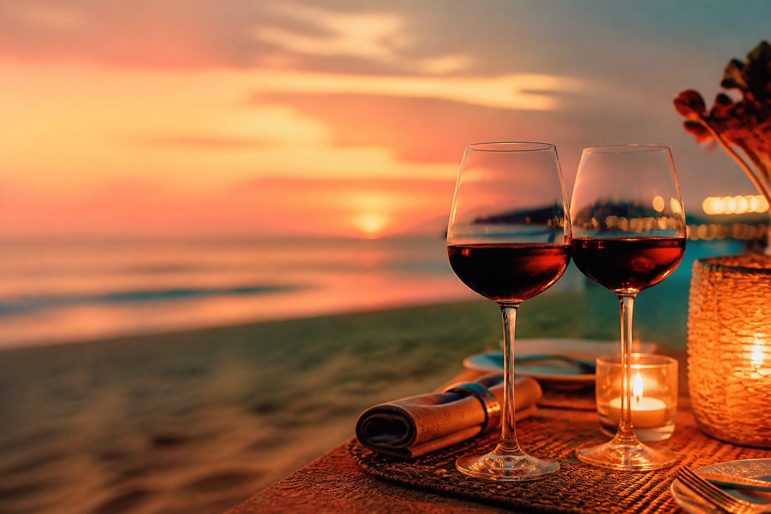 Red wine glasses glowing in the light of a coral sunset