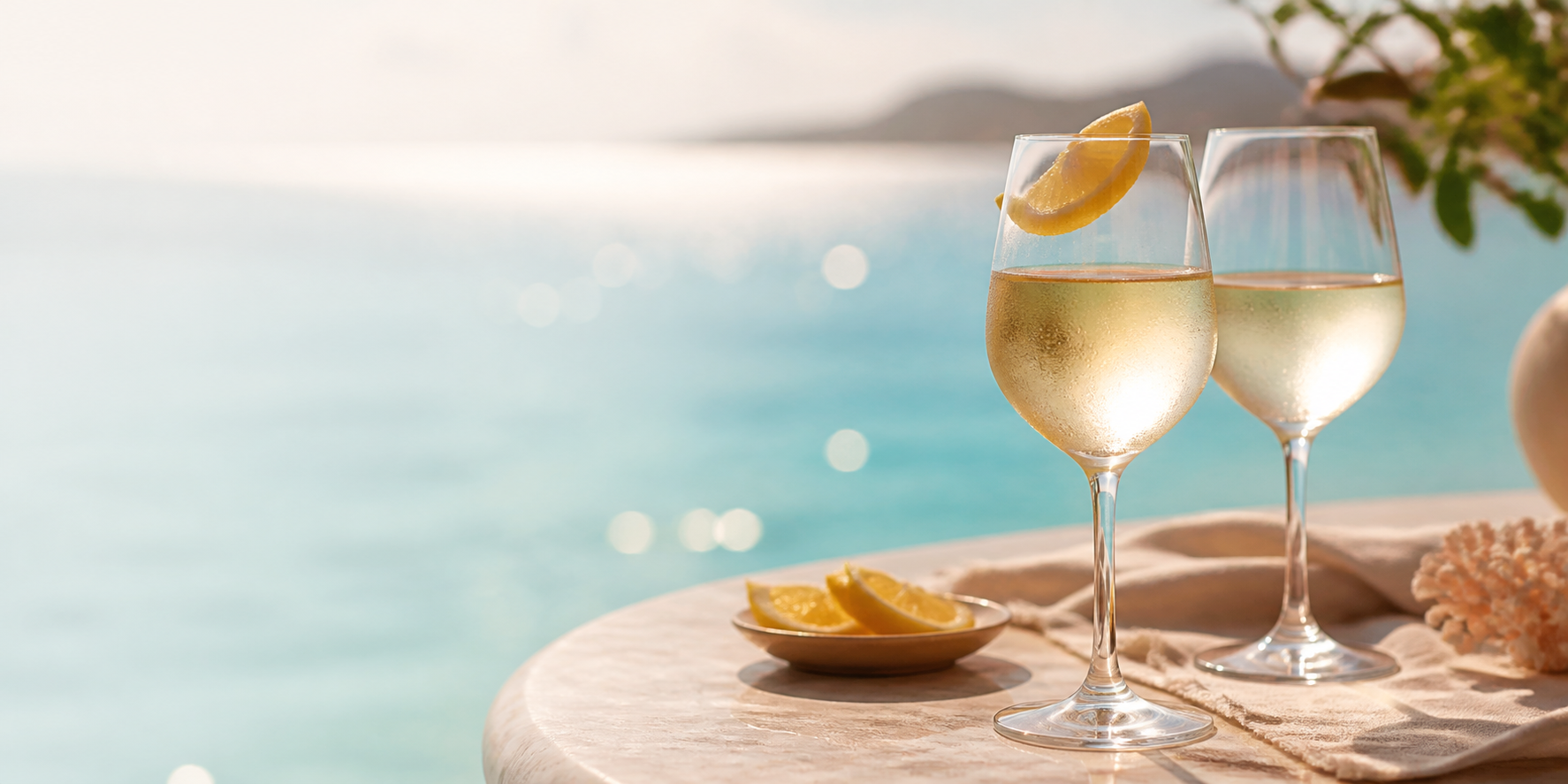 Chilled white wine glasses beside the Caribbean sea