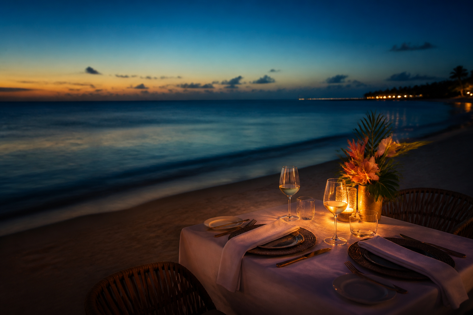 Candlelit dinner table set in the sand beside Eagle Beach at dusk