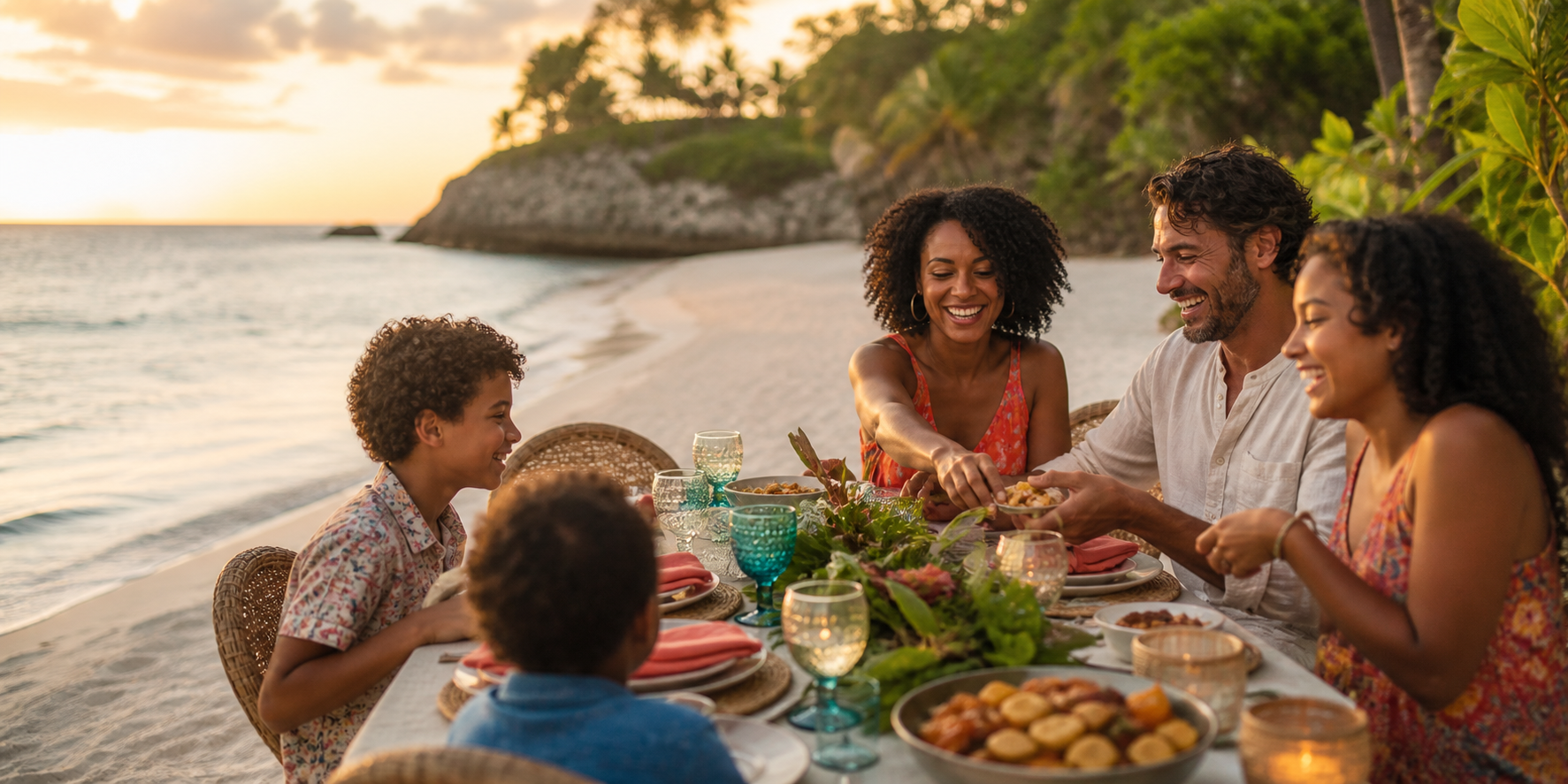 Family sharing a joyful dinner together on a tropical beach