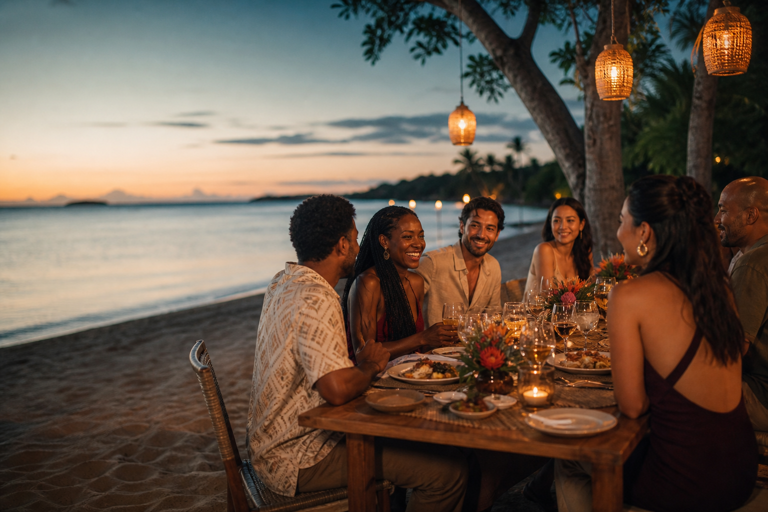 Friends enjoying dinner together beside the sea at twilight