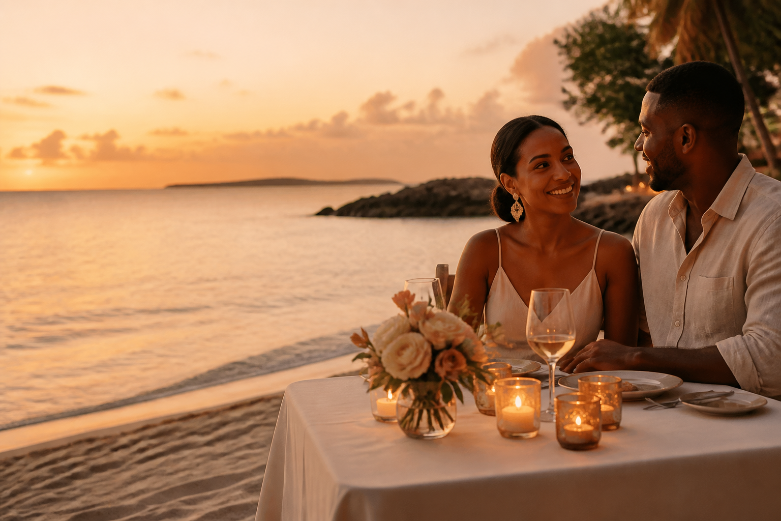 Couple sharing a sunset dinner beside the Caribbean sea