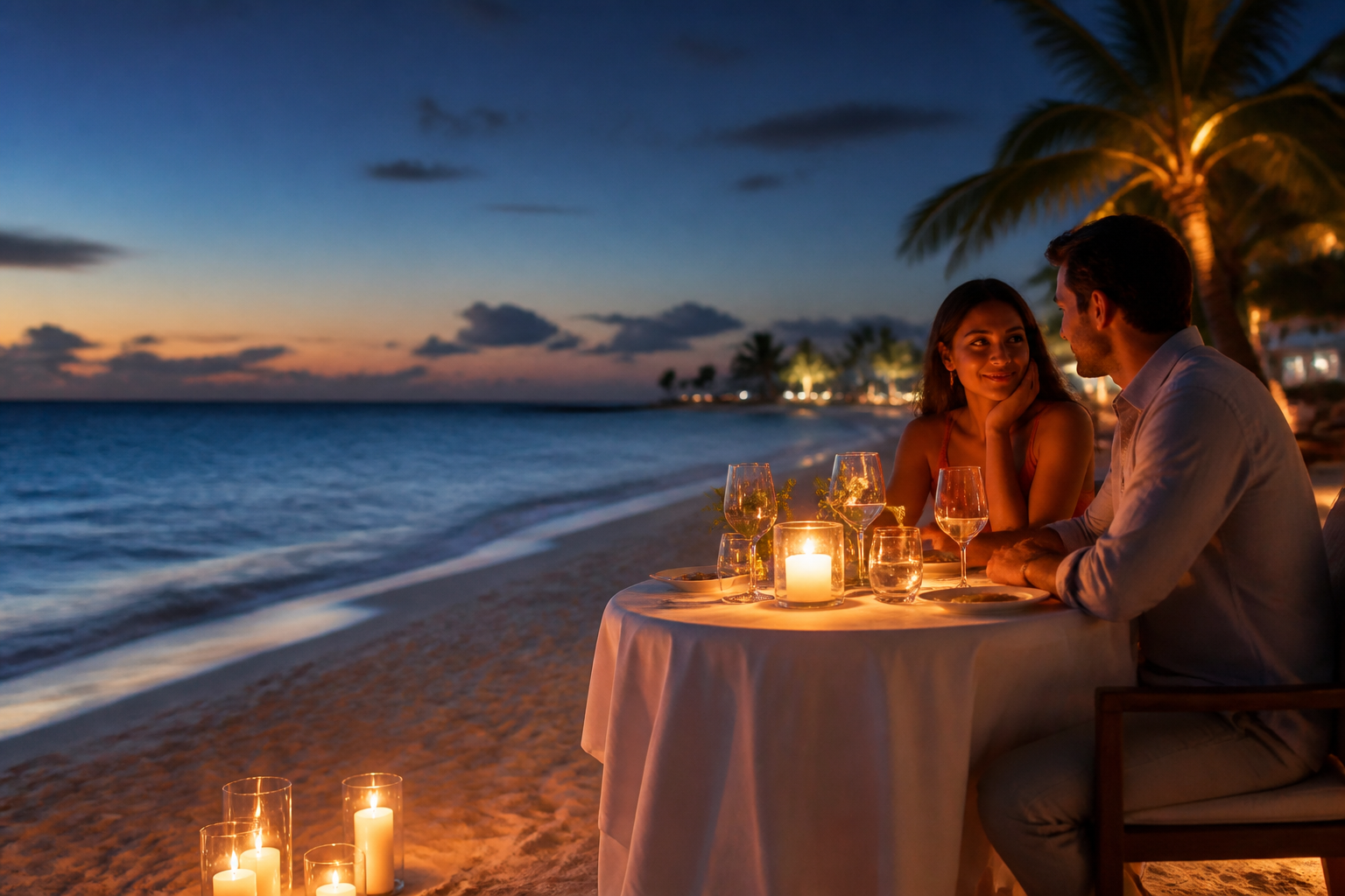 Couple enjoying a candlelit dinner on the sand at Eagle Beach