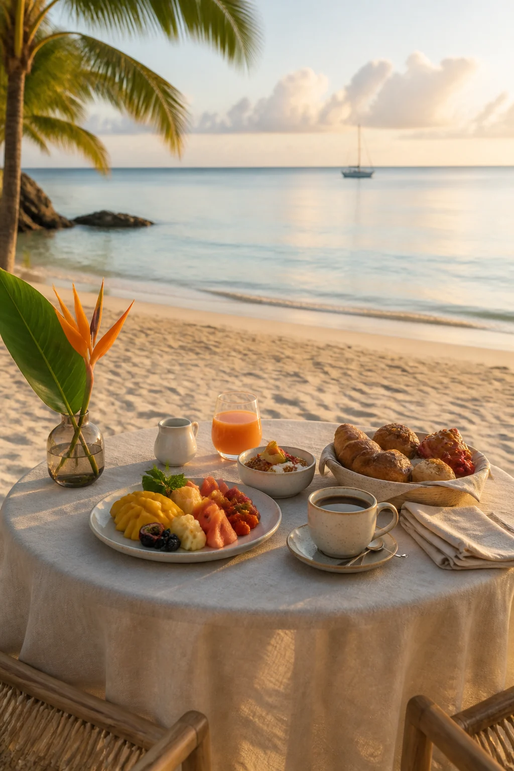 Breakfast served beside the morning sea