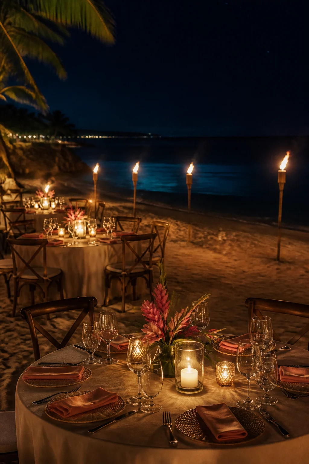 Celebration tables lit by torches on the beach